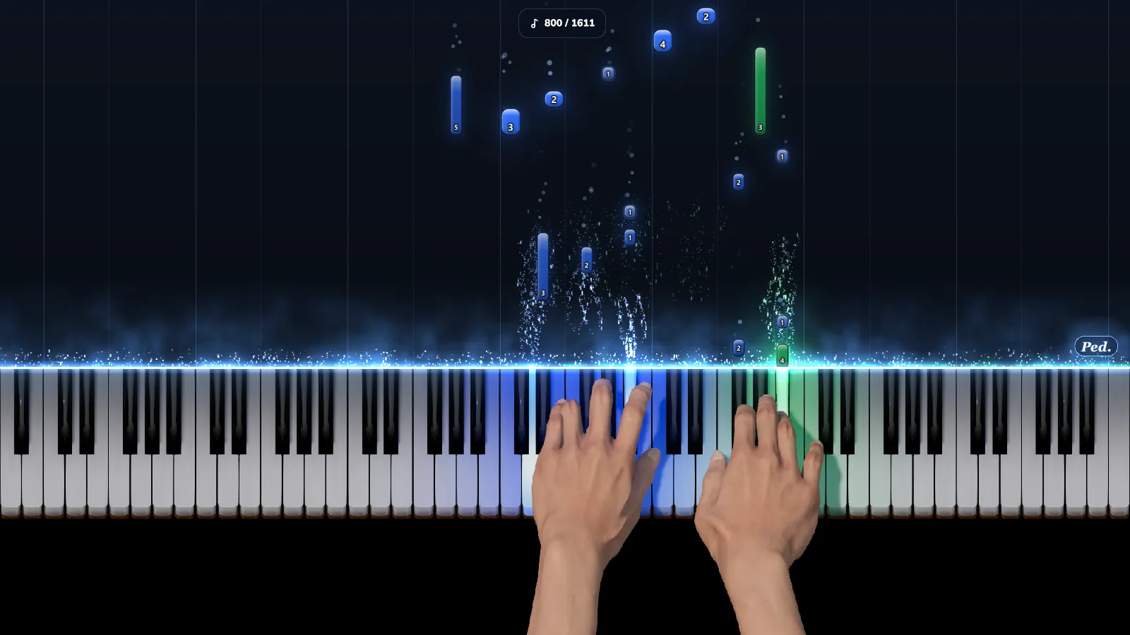 Pianovera 3.1 für Windows spielt Debussys Clair de lune: blaue und grüne fallende Noten mit der Fingernummer auf jeder Note, leuchtende Tasten und 3D-Hände.