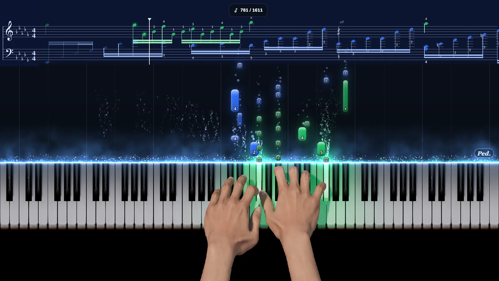 Die Ansicht „Laufband + Noten“ in Pianovera 3.1 für Windows: eine Notenzeile mit Fingersatz über den fallenden Noten und den 3D-Händen.