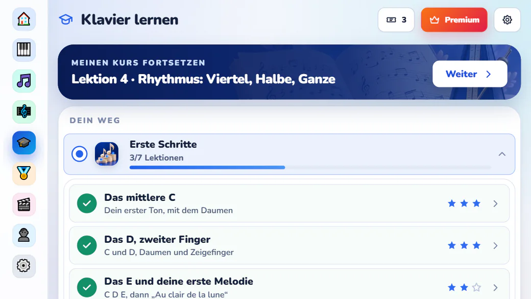 Der Klavierunterricht in der Android-App von Pianovera: den laufenden Kurs fortsetzen und dem Weg Erste Schritte folgen.
