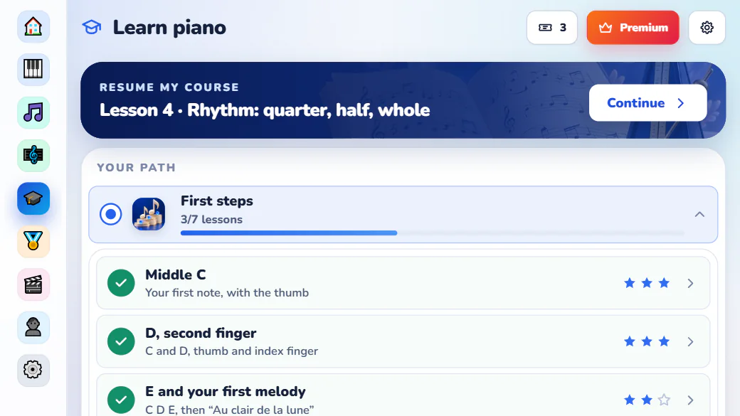 The piano lessons in the Pianovera Android app: resume the current lesson and follow the First Steps path.