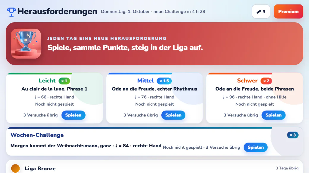 Die Tagesherausforderung in 3 Stufen, die Wochen-Herausforderung und die Liga in der Android-App.