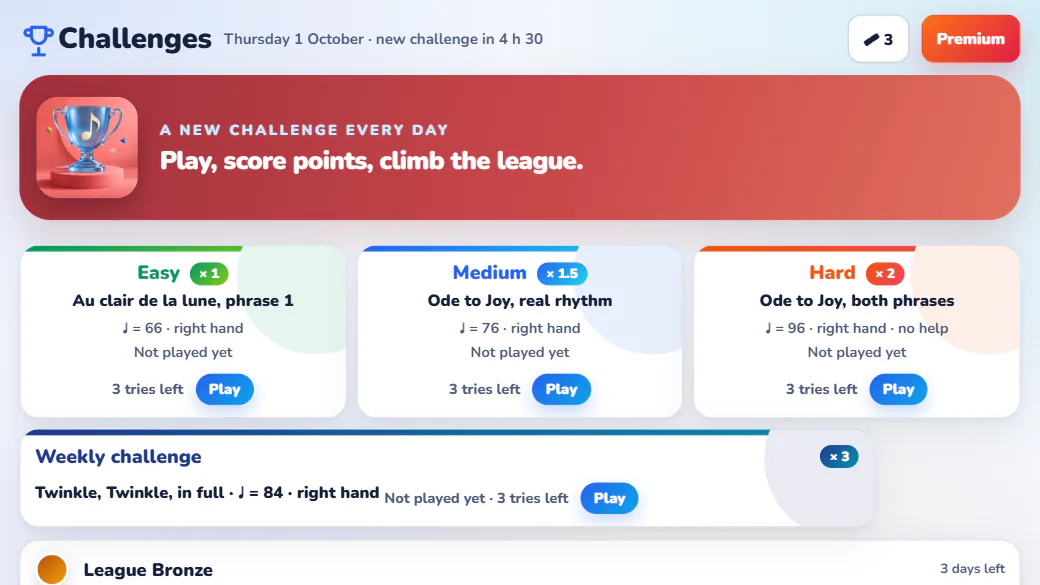 The daily challenge at 3 levels, the weekly challenge and the league in the Android app.