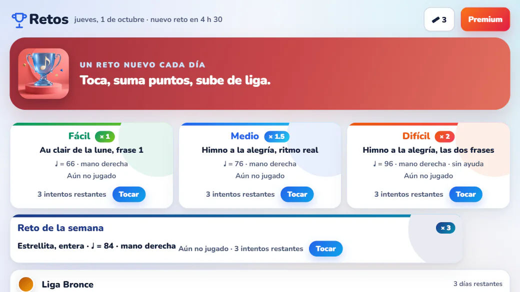 El desafío del día en 3 niveles, el desafío semanal y la liga en la aplicación para Android.