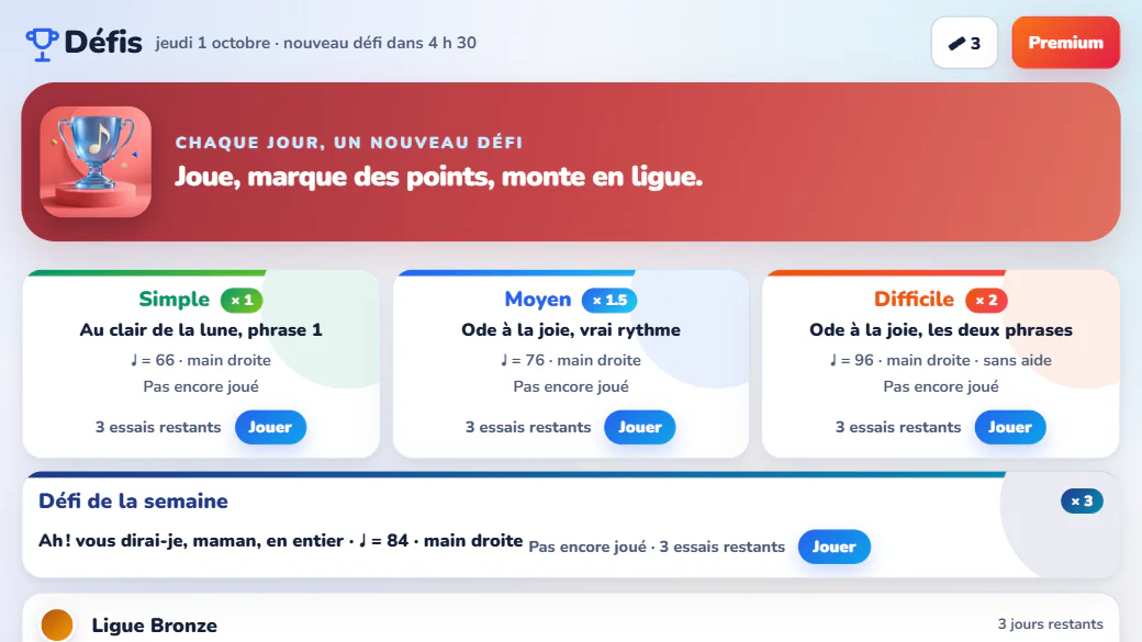 Le défi du jour en 3 niveaux, le défi de la semaine et la ligue dans l'application Android.