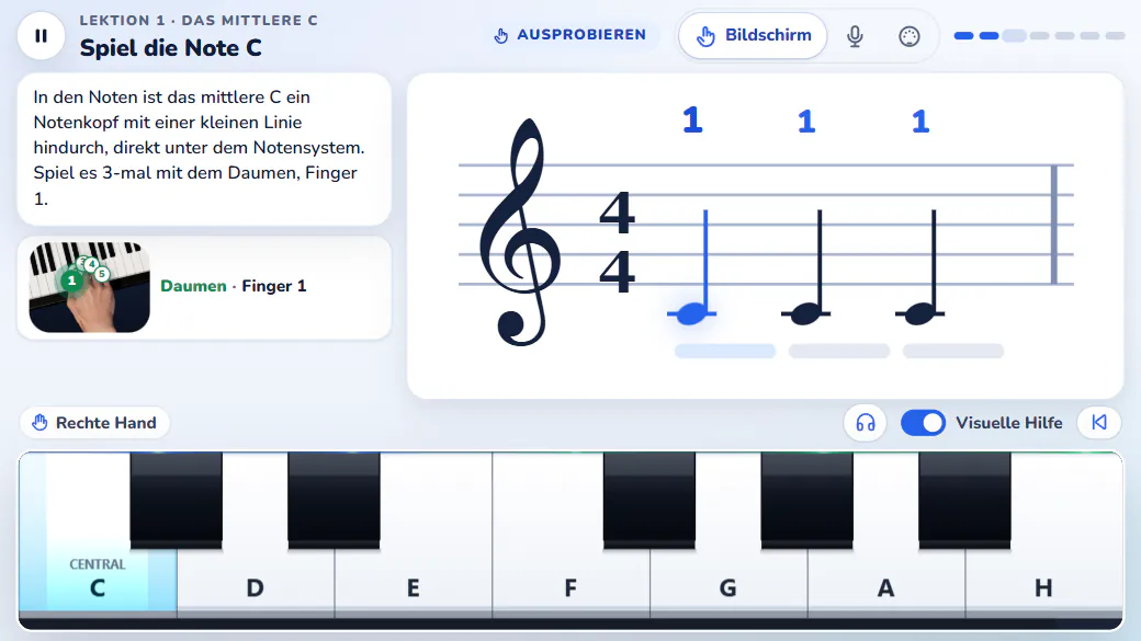 Eine Stunde auf dem Handy: Notensystem, Fingersatz, nummerierte Hand und Touch-Tastatur.