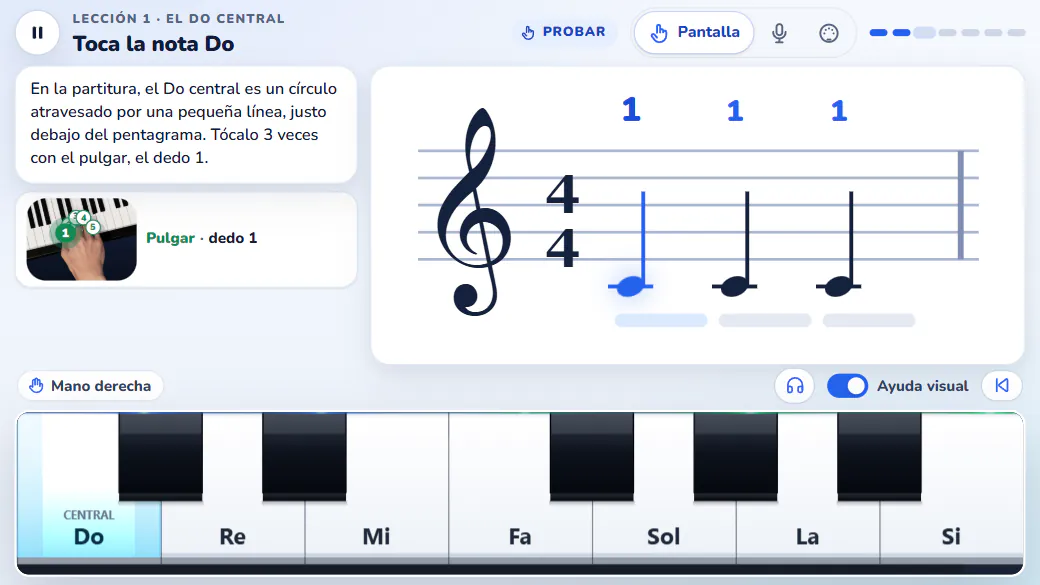 Una lección en el teléfono: pentagrama, digitación, mano numerada y teclado táctil.
