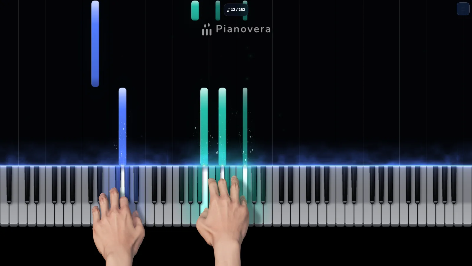 The Pianovera web app in a browser: an 88-key keyboard, colored falling notes and 3D hands playing.