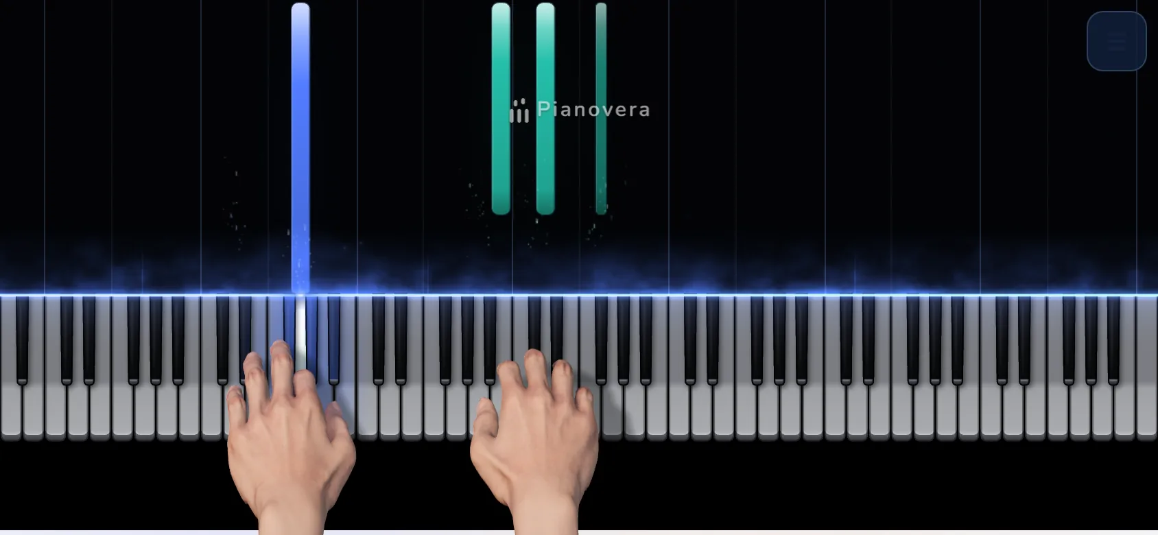 La versión web de Pianovera en un móvil en horizontal: el mismo teclado, las mismas notas de colores y las manos 3D.