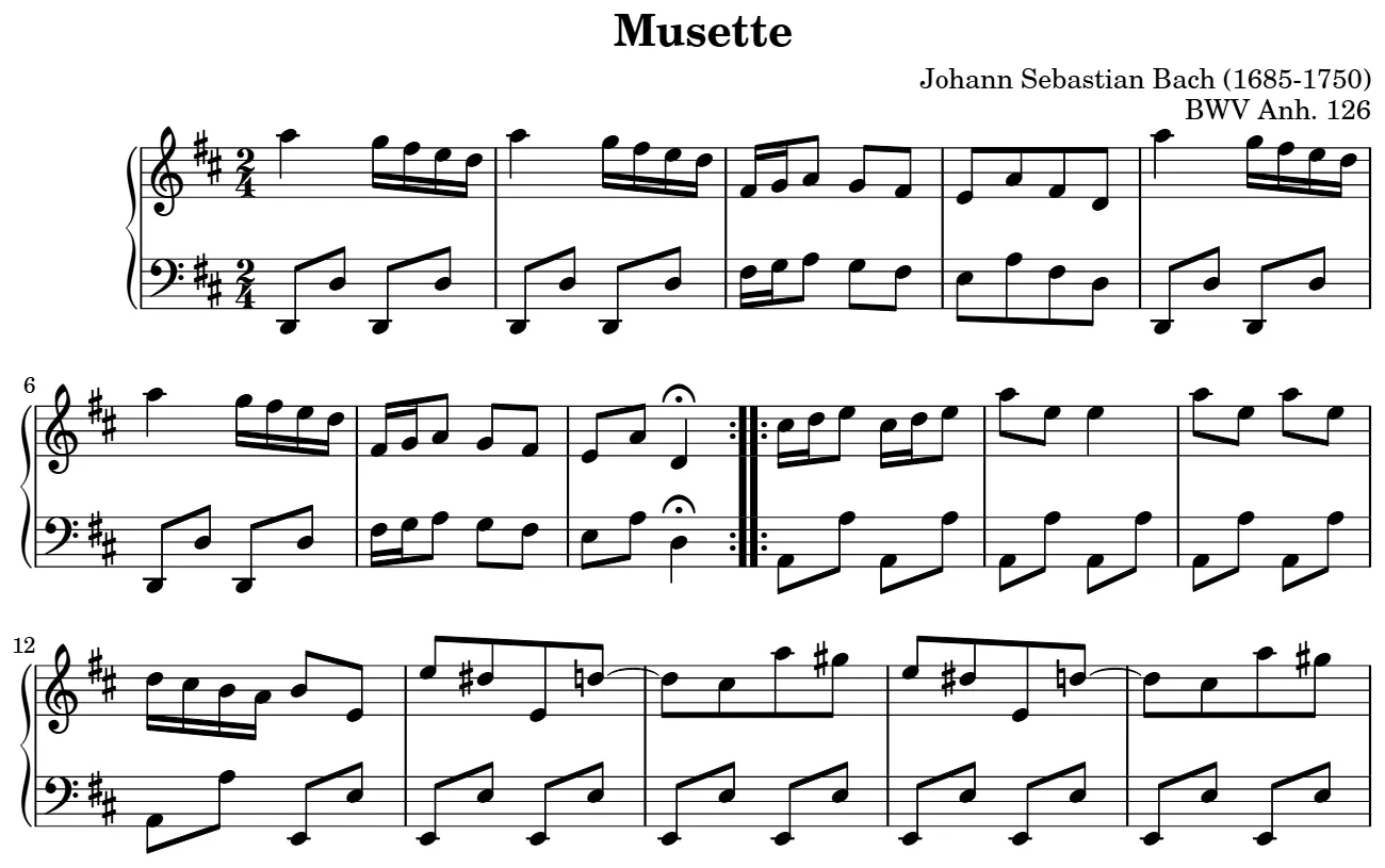 Beginning of the Musette in D major BWV Anh. 126 piano sheet music, engraved by the Mutopia Project