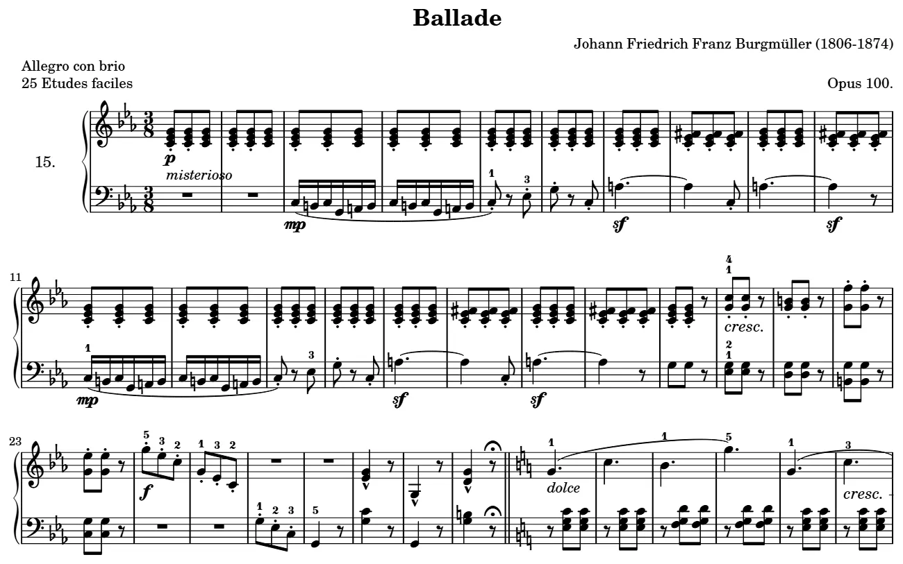 Début de la partition piano de la Ballade op. 100 n° 15, gravure du Mutopia Project