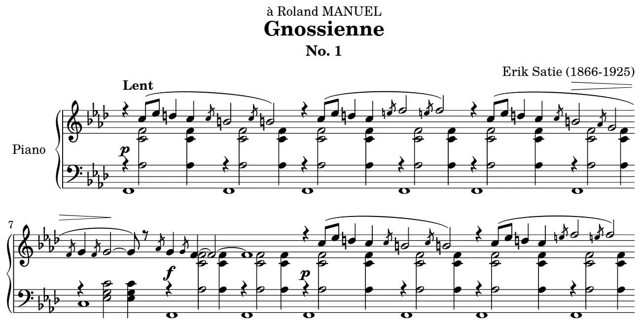 Début de la partition piano de la Gnossienne n° 1, gravure du Mutopia Project
