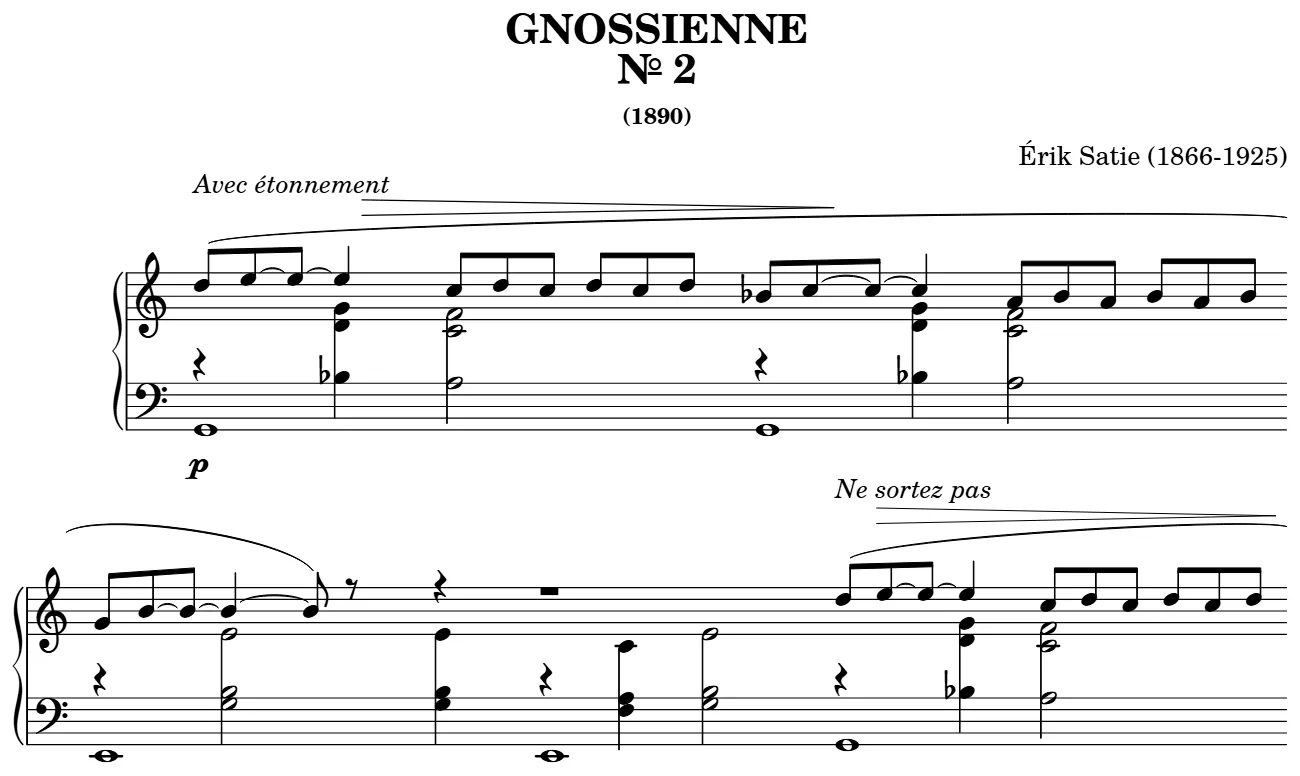 Beginning of the Gnossienne No. 2 piano sheet music, engraved by the Mutopia Project