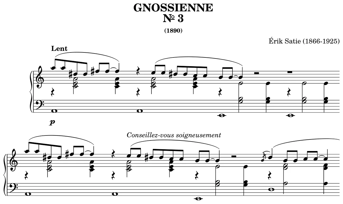 Début de la partition piano de la Gnossienne n° 3, gravure du Mutopia Project