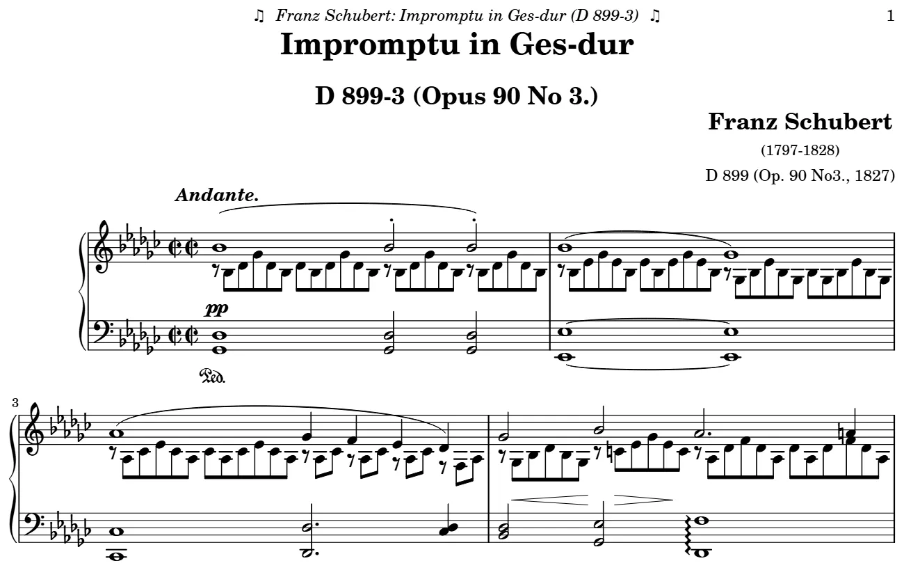Début de la partition piano de l'Impromptu op. 90 n° 3, gravure du Mutopia Project