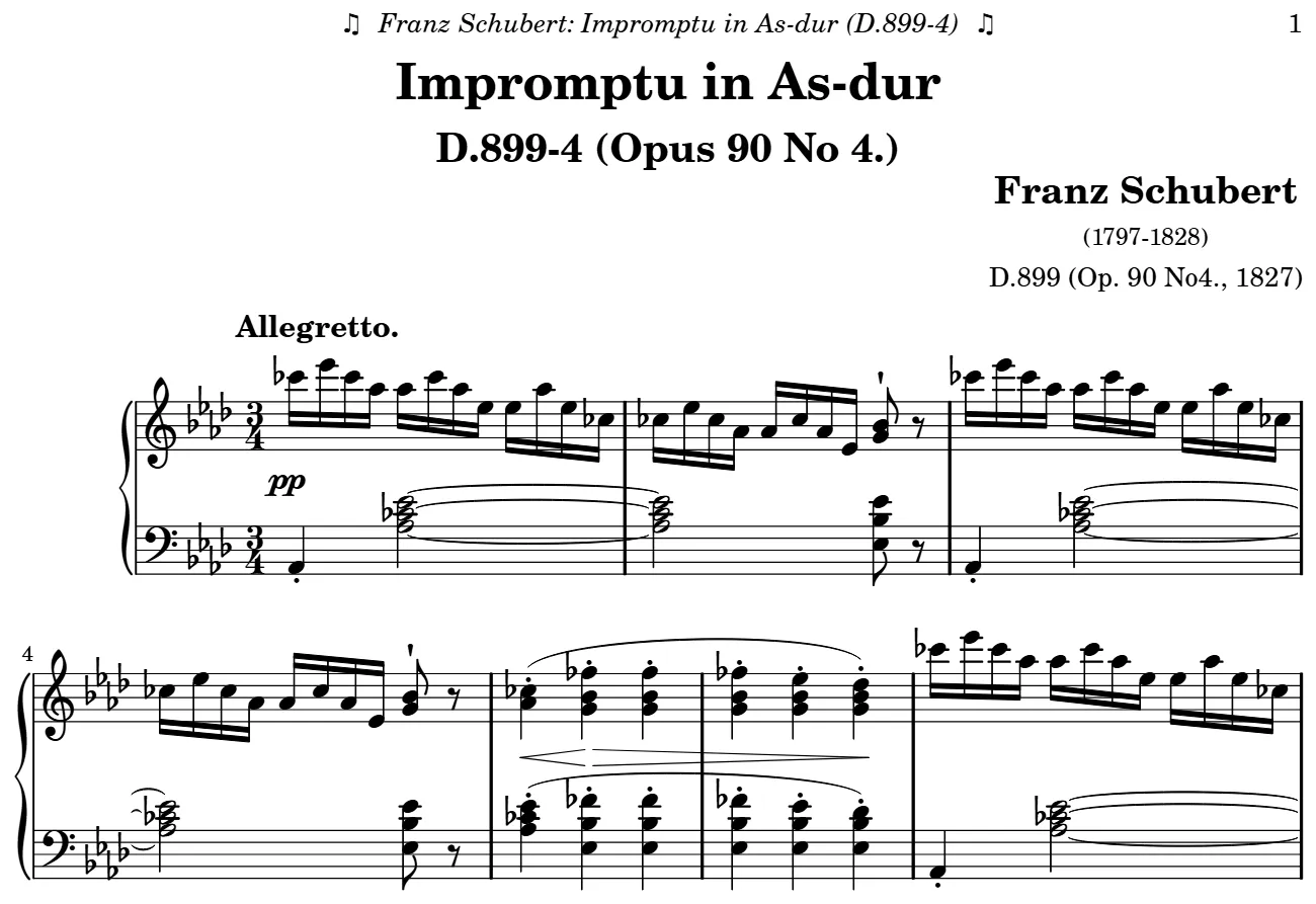 Début de la partition piano de l'Impromptu op. 90 n° 4, gravure du Mutopia Project
