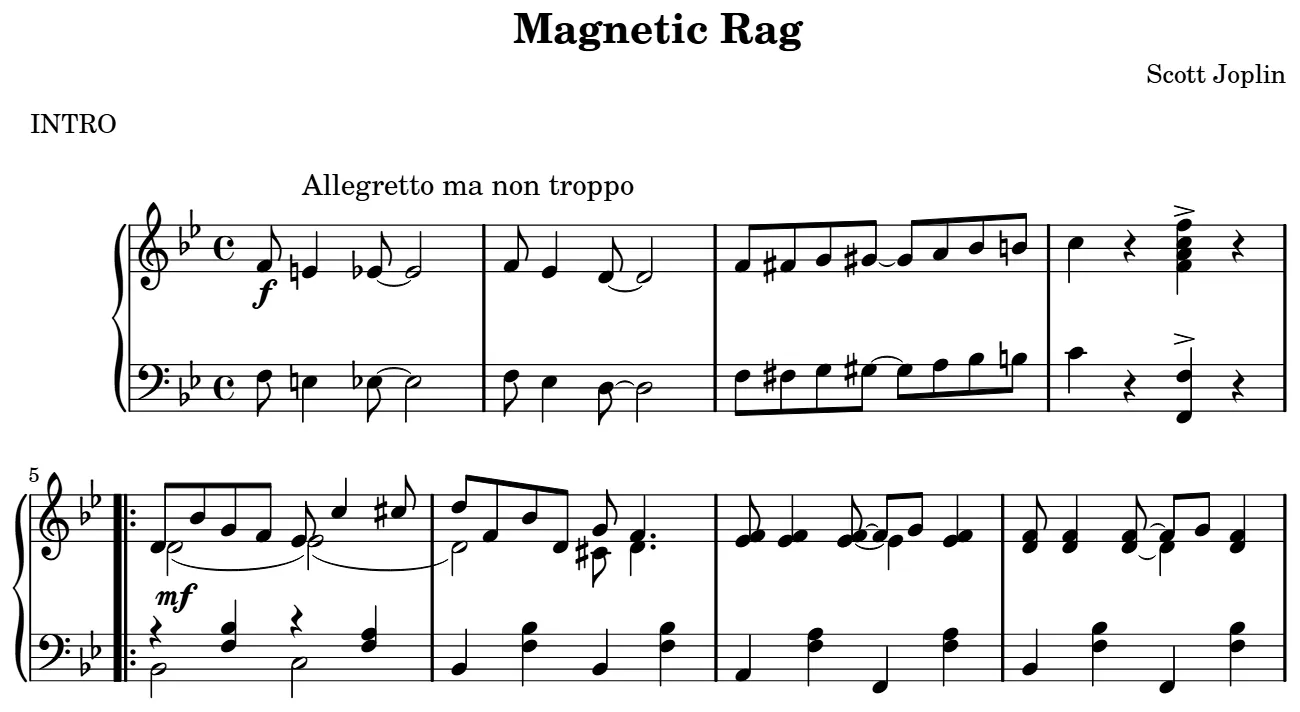 Début de la partition piano du Magnetic Rag, gravure du Mutopia Project