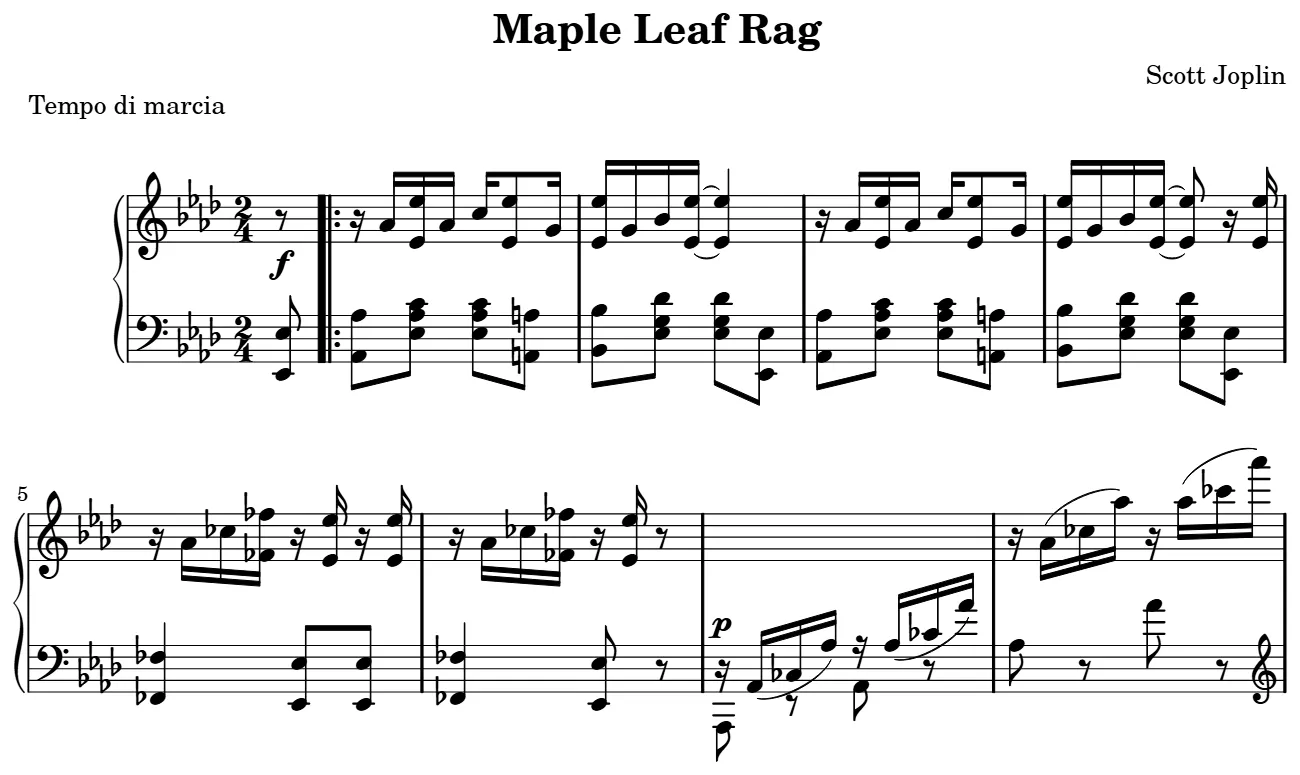Début de la partition piano du Maple Leaf Rag, gravure du Mutopia Project