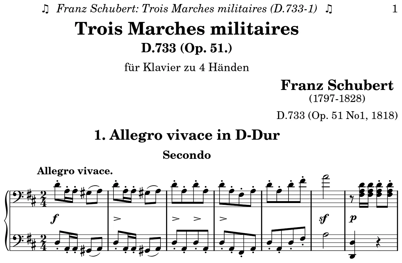Beginning of the Military March No. 1 piano sheet music, engraved by the Mutopia Project