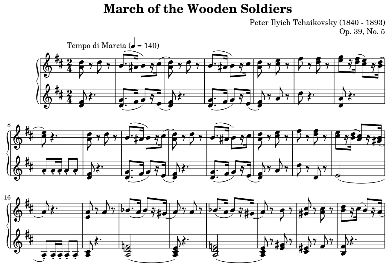 Beginning of the the March of the Wooden Soldiers piano sheet music, engraved by the Mutopia Project