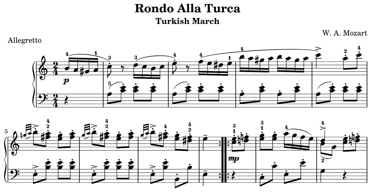 Début de la partition piano de la Marche turque, gravure du Mutopia Project