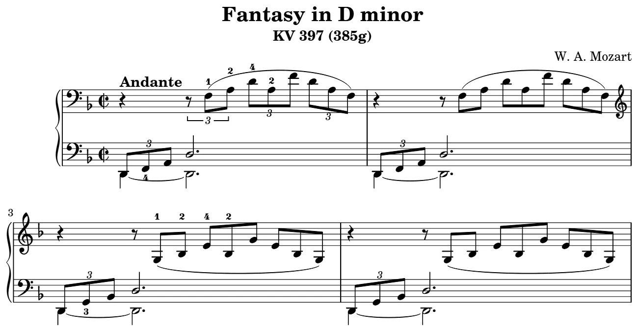 Beginning of the Fantasia in D minor K. 397 piano sheet music, engraved by the Mutopia Project