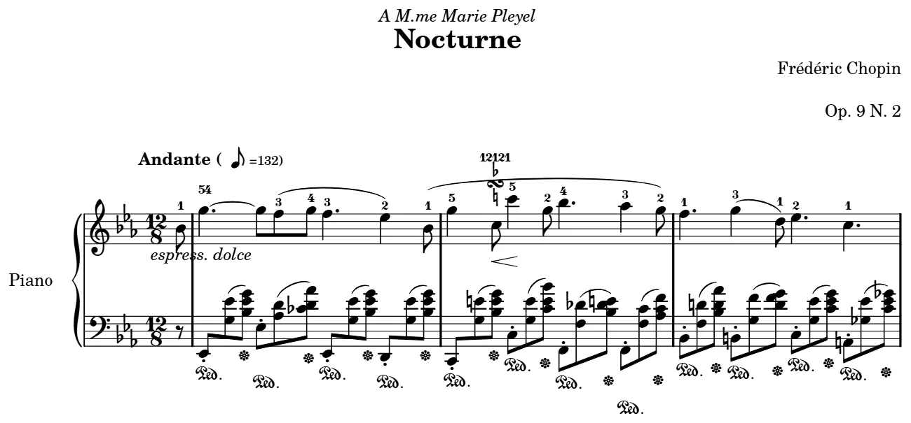Début de la partition piano du Nocturne op. 9 n° 2, gravure du Mutopia Project