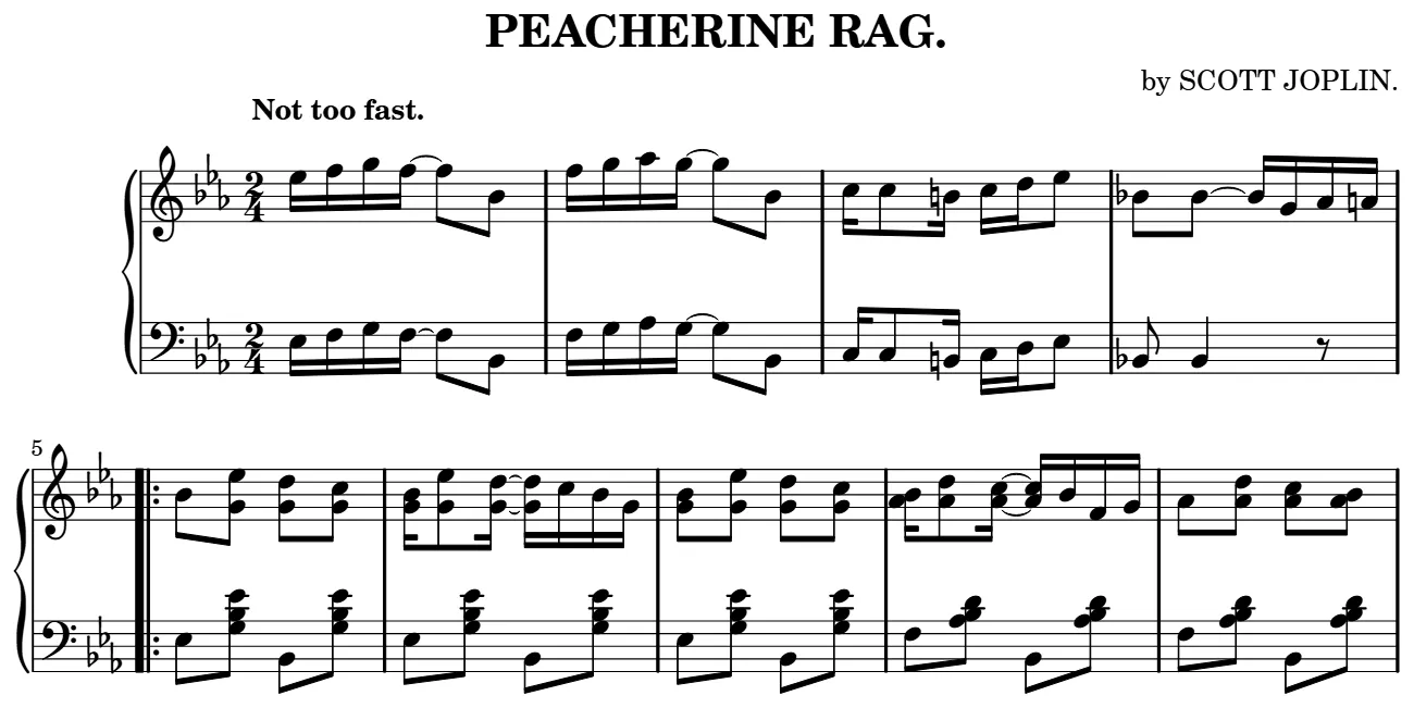 Début de la partition piano du Peacherine Rag, gravure du Mutopia Project