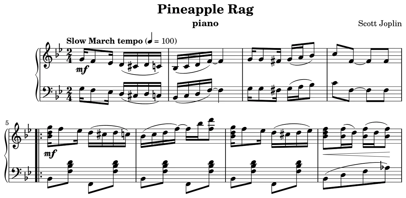 Début de la partition piano du Pineapple Rag, gravure du Mutopia Project
