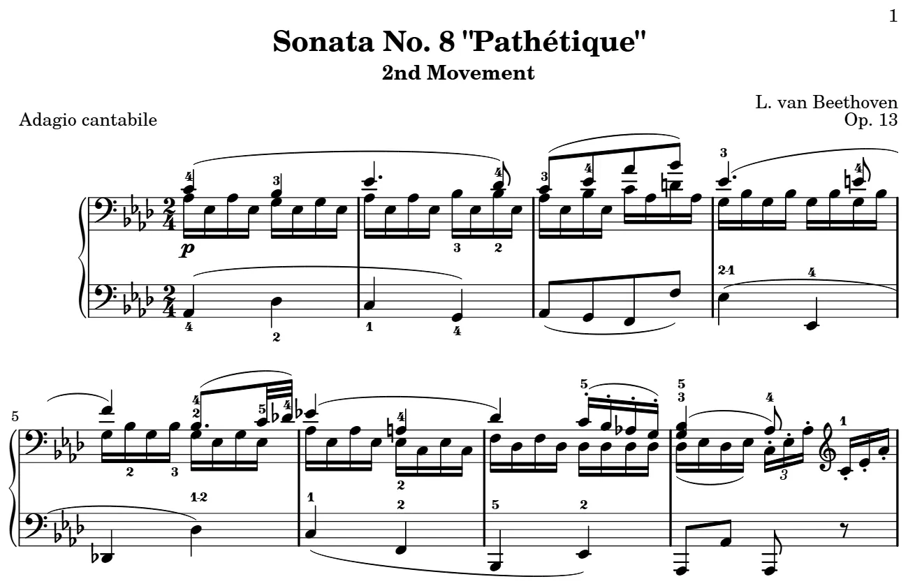 Beginning of the the Adagio cantabile of the Pathétique Sonata piano sheet music, engraved by the Mutopia Project