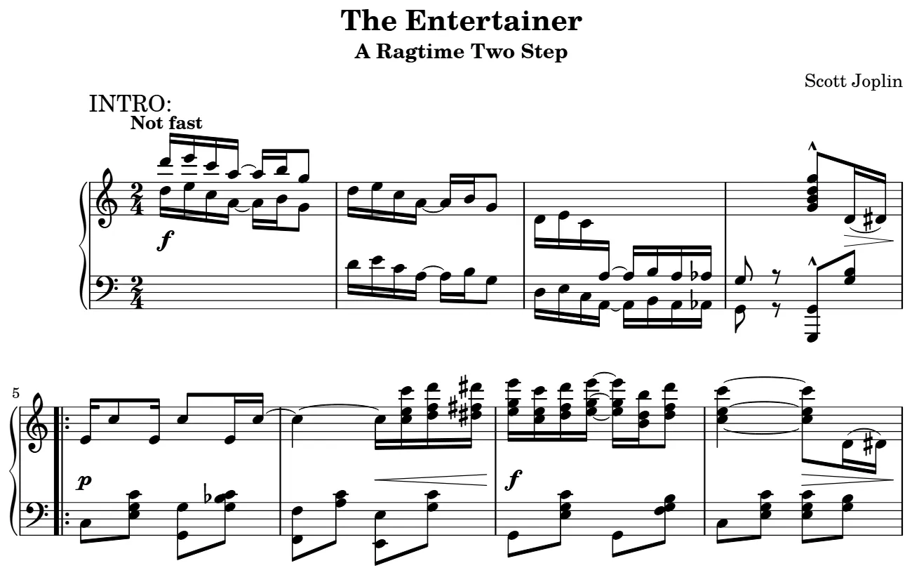 Début de la partition piano de The Entertainer, gravure du Mutopia Project
