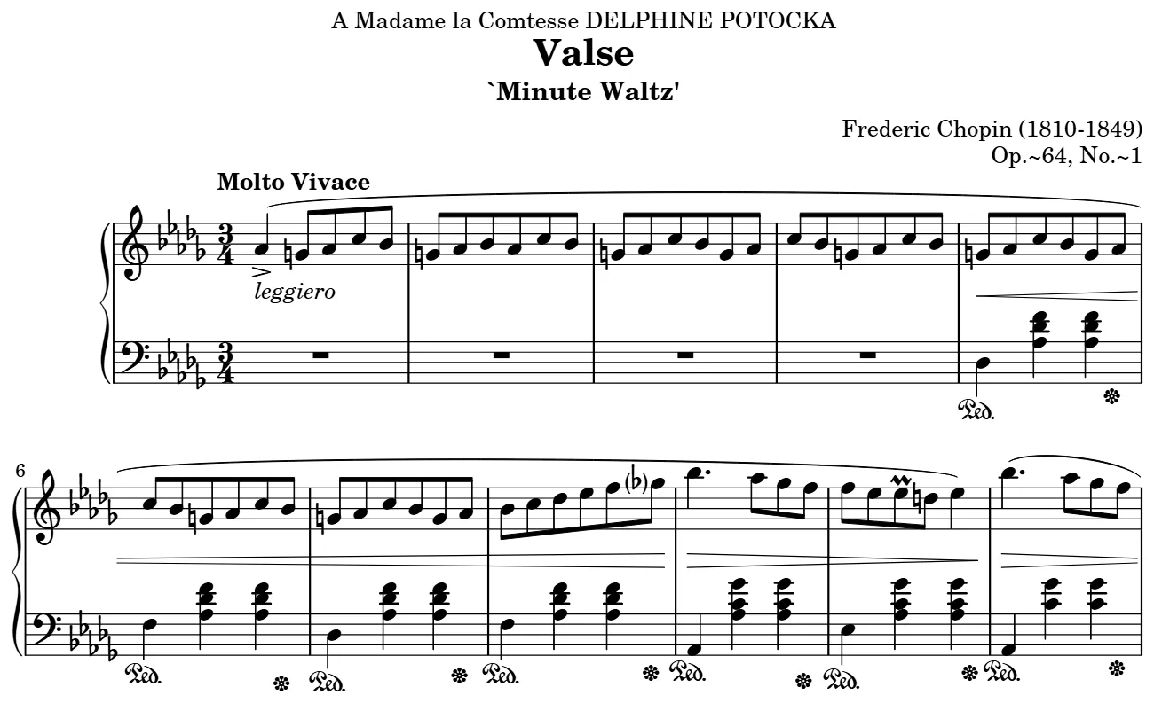 Beginning of the the Minute Waltz piano sheet music, engraved by the Mutopia Project