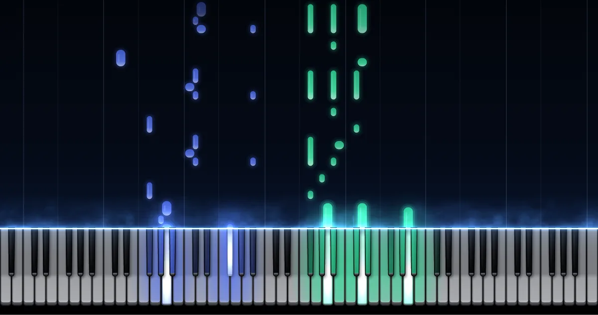 Preview of In the Hall of the Mountain King: left-hand notes (blue) and right-hand notes (green) fall toward a piano keyboard.
