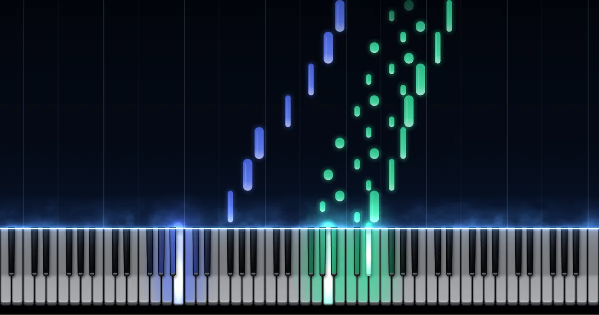 Aperçu de Première Arabesque : les notes de la main gauche (en bleu) et de la main droite (en vert) descendent vers un clavier de piano.