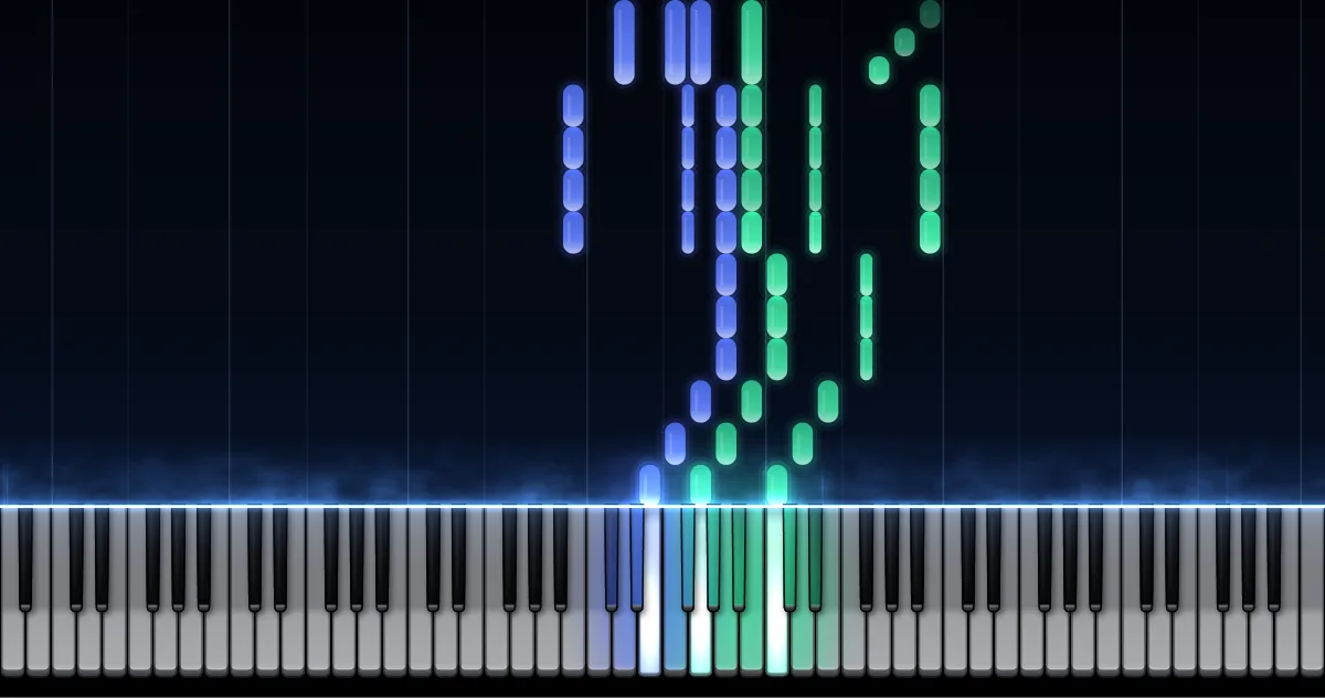 Aperçu de Deuxième Arabesque : les notes de la main gauche (en bleu) et de la main droite (en vert) descendent vers un clavier de piano.