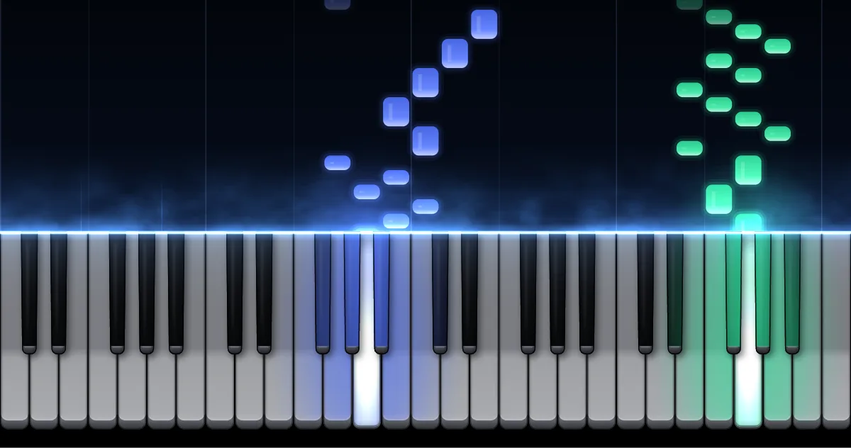 Aperçu de Invention n° 1 BWV 772 : les notes de la main gauche (en bleu) et de la main droite (en vert) descendent vers un clavier de piano.