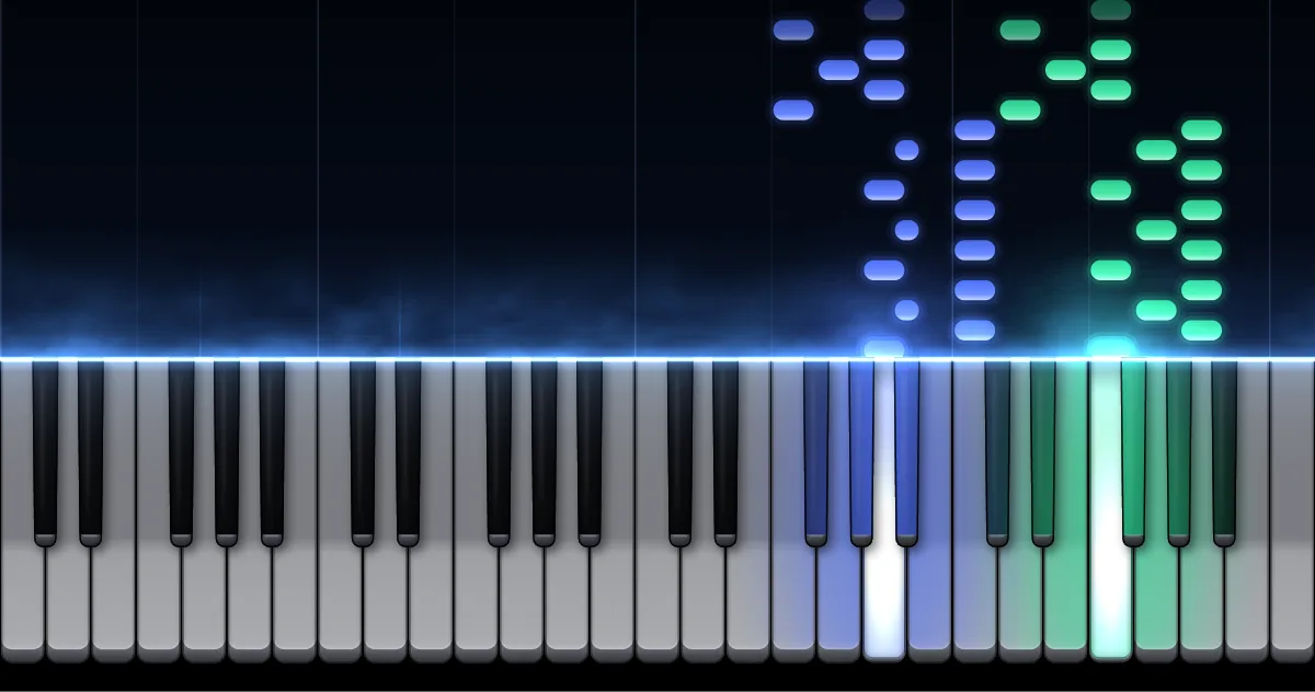 Aperçu de Invention n° 8 BWV 779 : les notes de la main gauche (en bleu) et de la main droite (en vert) descendent vers un clavier de piano.