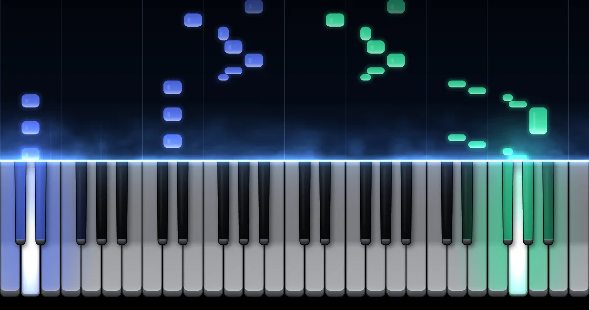 Preview of Musette in D major BWV Anh. 126: left-hand notes (blue) and right-hand notes (green) fall toward a piano keyboard.