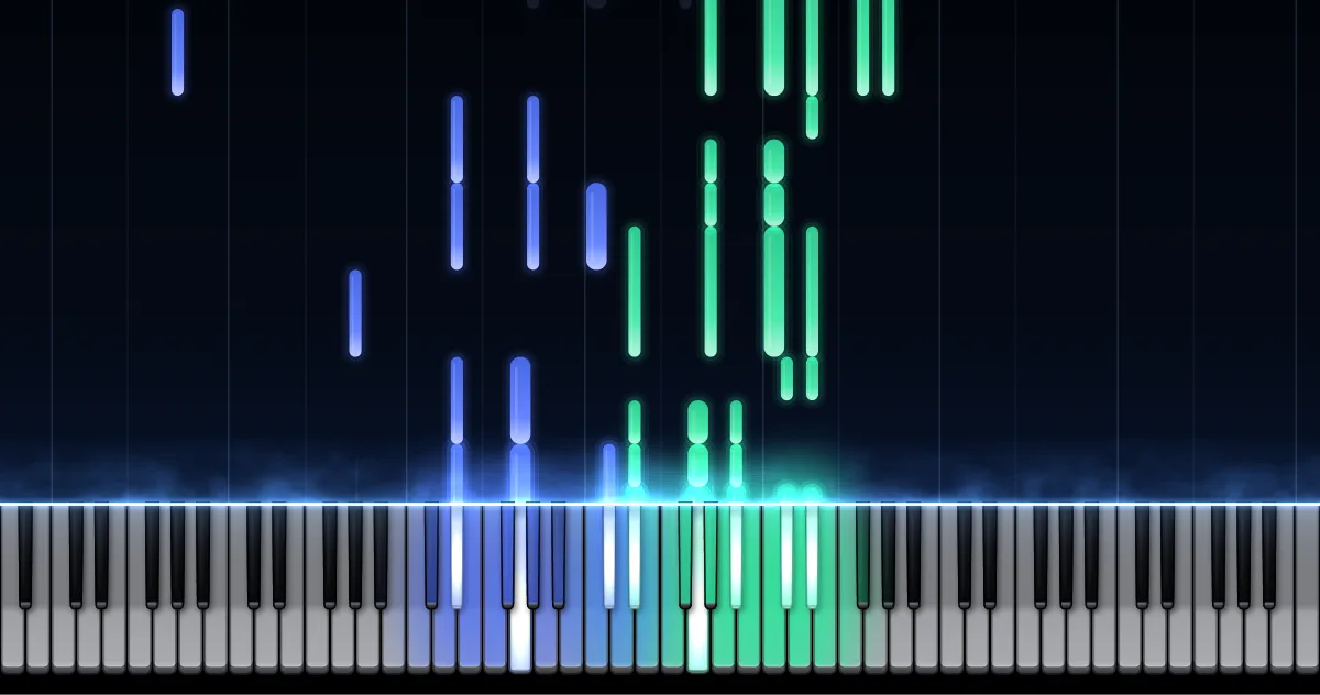 Aperçu de Valse op. 39 n° 15 : les notes de la main gauche (en bleu) et de la main droite (en vert) descendent vers un clavier de piano.