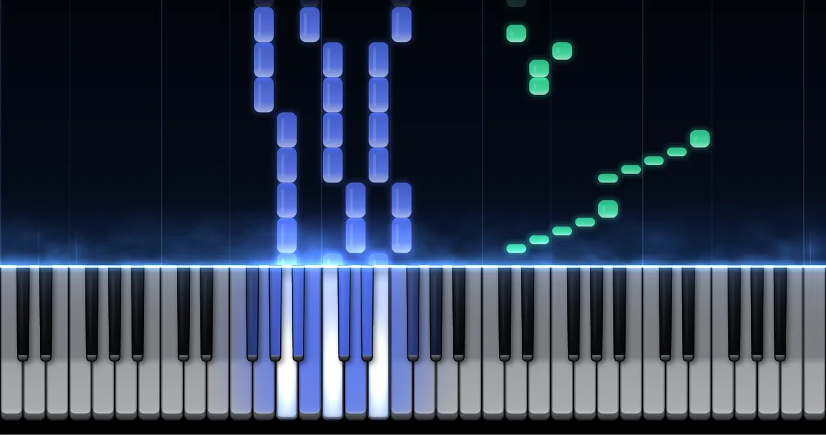 Aperçu de Arabesque op. 100 n° 2 : les notes de la main gauche (en bleu) et de la main droite (en vert) descendent vers un clavier de piano.