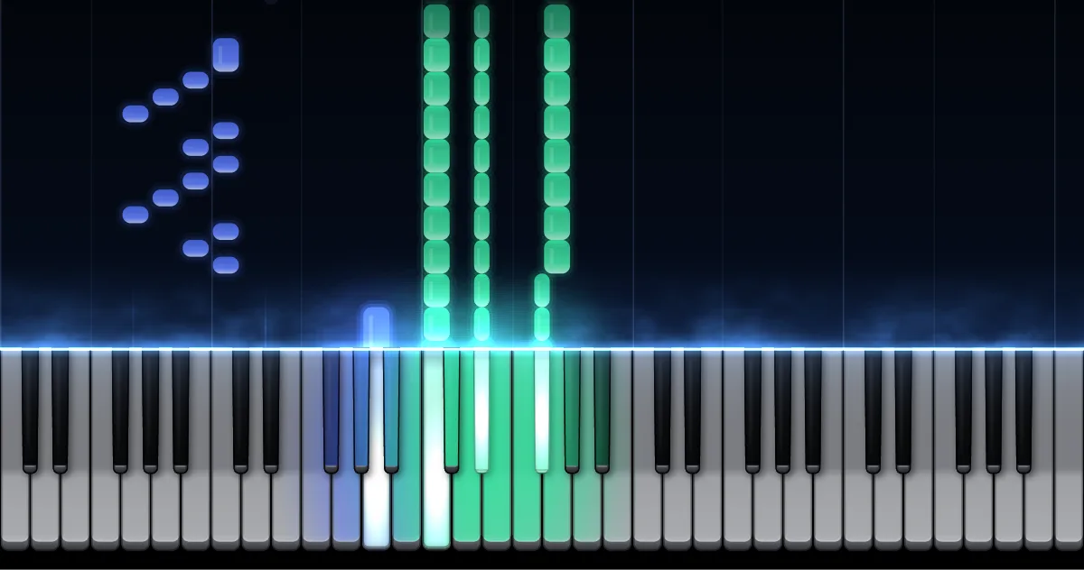 Aperçu de Ballade op. 100 n° 15 : les notes de la main gauche (en bleu) et de la main droite (en vert) descendent vers un clavier de piano.