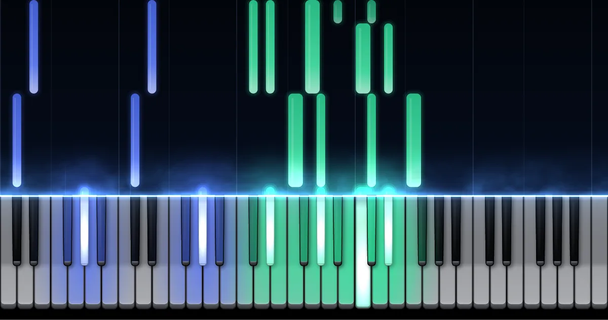 Aperçu de Prélude op. 28 n° 20 en do mineur : les notes de la main gauche (en bleu) et de la main droite (en vert) descendent vers un clavier de piano.
