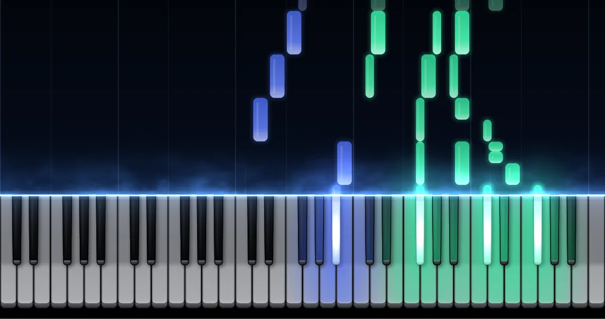 Aperçu de Prélude op. 28 n° 6 en si mineur : les notes de la main gauche (en bleu) et de la main droite (en vert) descendent vers un clavier de piano.