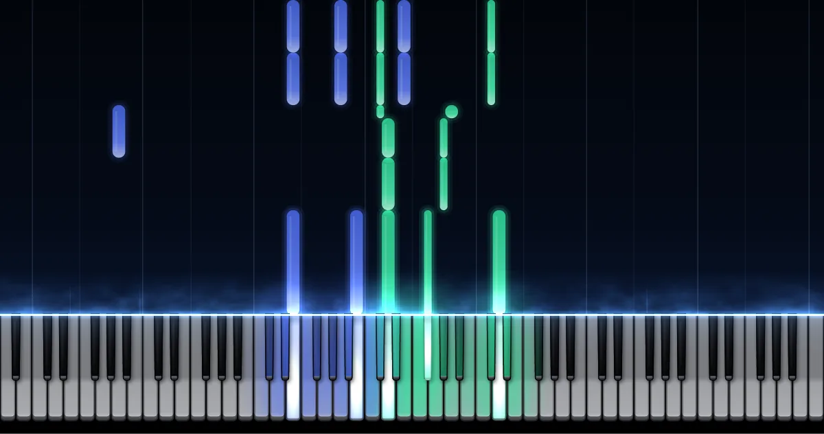 Aperçu de Prélude op. 28 n° 7 en la majeur : les notes de la main gauche (en bleu) et de la main droite (en vert) descendent vers un clavier de piano.