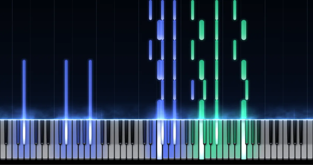 Aperçu de Clair de lune (Suite bergamasque) : les notes de la main gauche (en bleu) et de la main droite (en vert) descendent vers un clavier de piano.