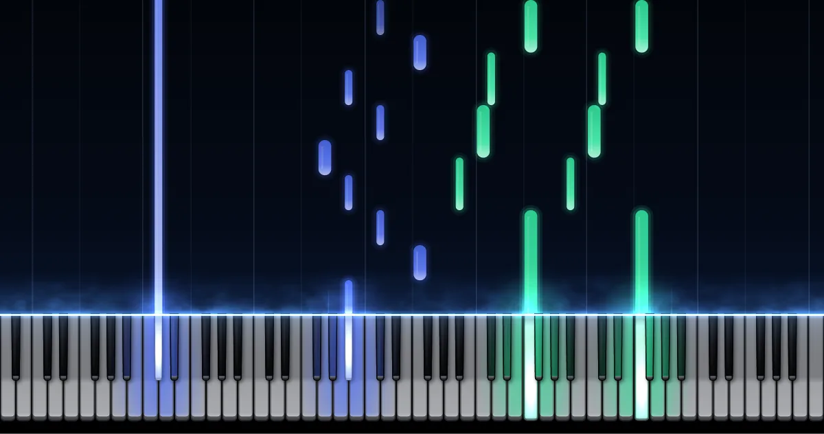 Aperçu de Consolation n° 3 en ré bémol : les notes de la main gauche (en bleu) et de la main droite (en vert) descendent vers un clavier de piano.