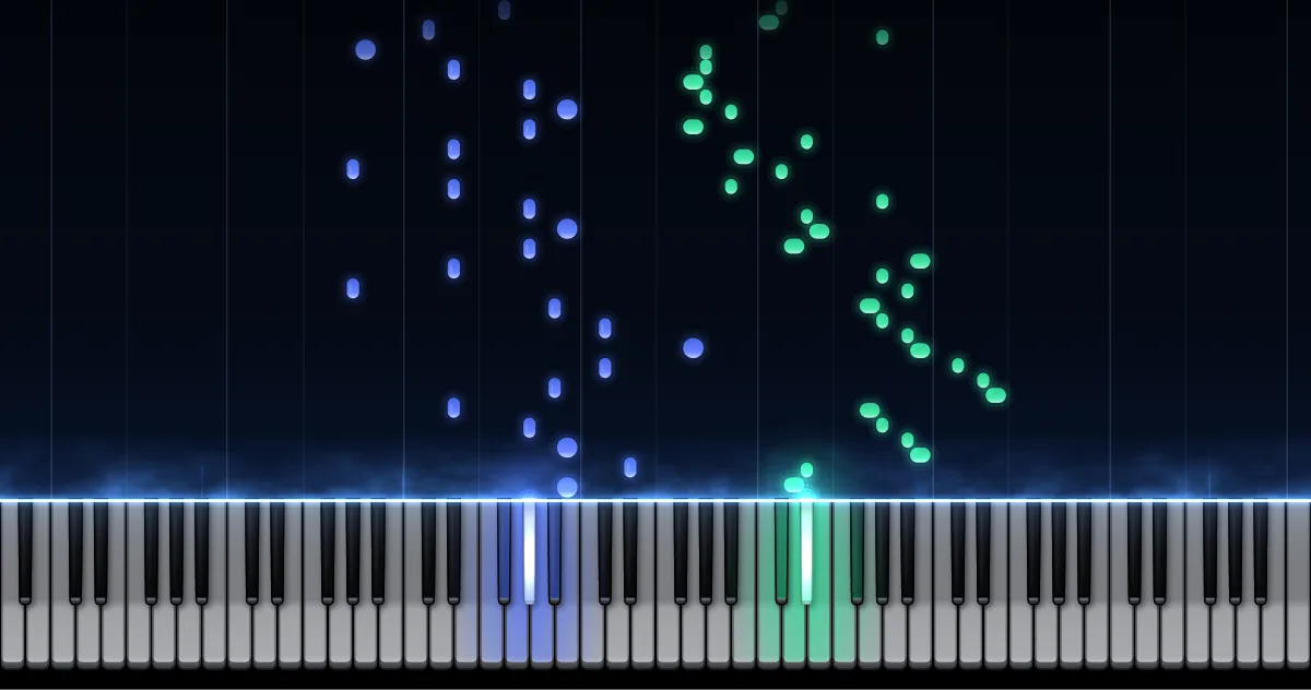 Aperçu de Fantaisie-Impromptu op. 66 : les notes de la main gauche (en bleu) et de la main droite (en vert) descendent vers un clavier de piano.