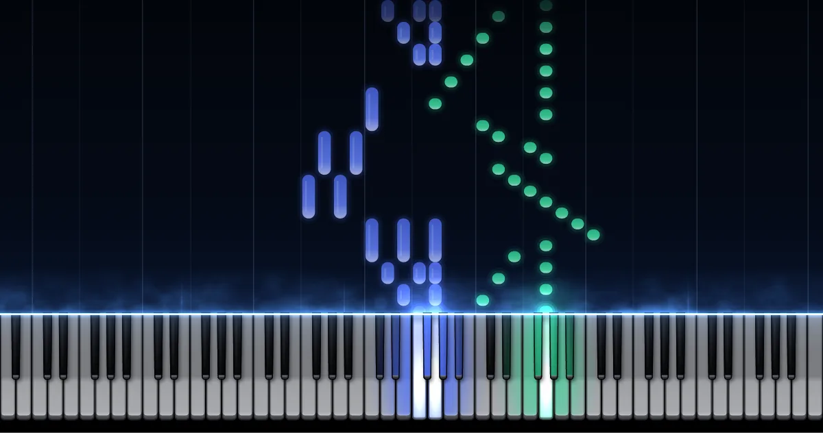Aperçu de Für Elise (La Lettre à Élise) : les notes de la main gauche (en bleu) et de la main droite (en vert) descendent vers un clavier de piano.