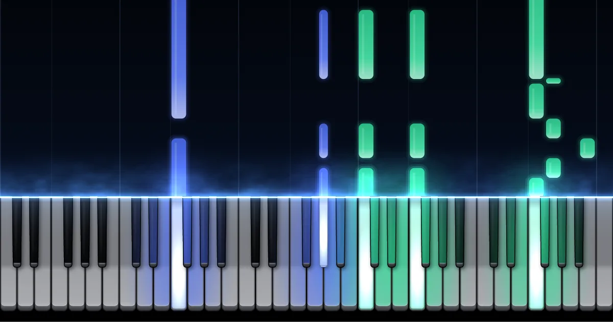 Aperçu de Gnossienne n° 1 : les notes de la main gauche (en bleu) et de la main droite (en vert) descendent vers un clavier de piano.