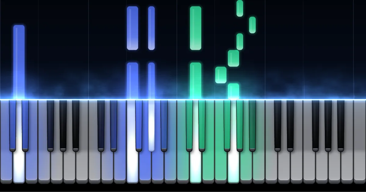 Preview of Gnossienne No. 2: left-hand notes (blue) and right-hand notes (green) fall toward a piano keyboard.