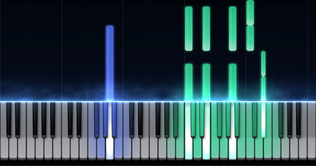 Aperçu de Gnossienne n° 3 : les notes de la main gauche (en bleu) et de la main droite (en vert) descendent vers un clavier de piano.